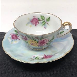 Blue & Pink Rose China Teacup and Saucer